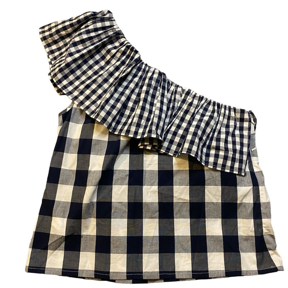 J. Crew White and Navy Gingham Ruffle One Shoulder Blouse - Picture 4 of 8